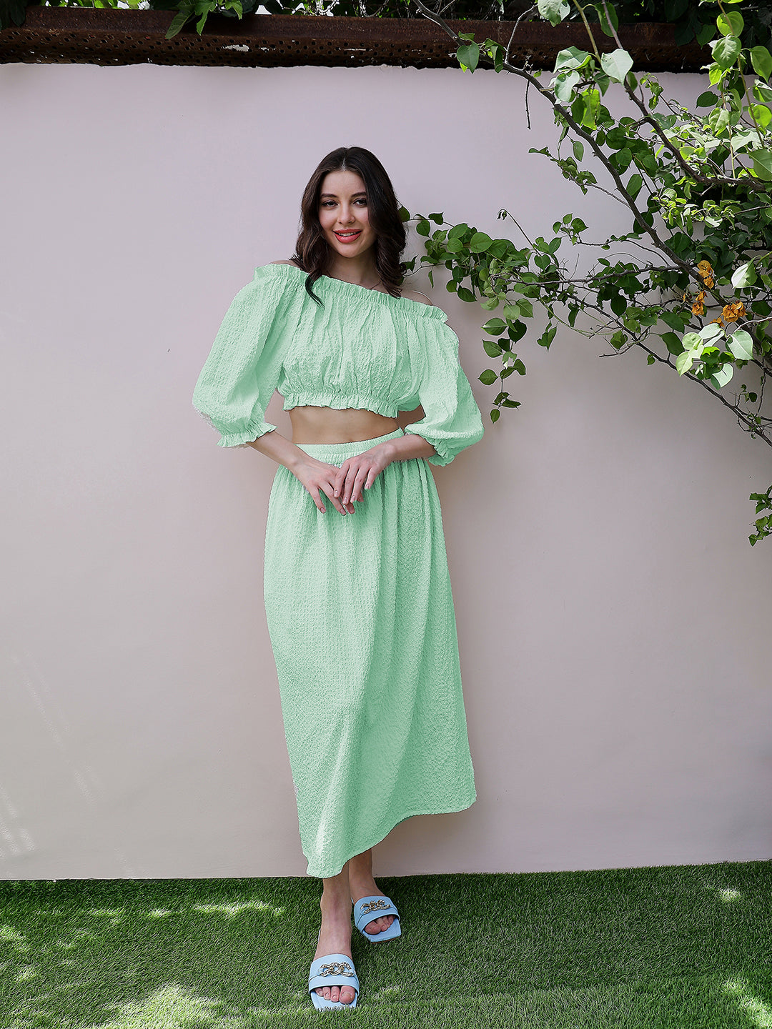 Athena Green Self Design Off-Shoulder Puff Sleeves Bardot Crop Top