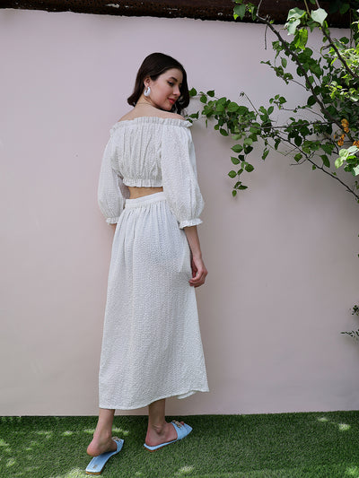 Athena White Self Design Off-Shoulder Puff Sleeves Crop Top With Skirt