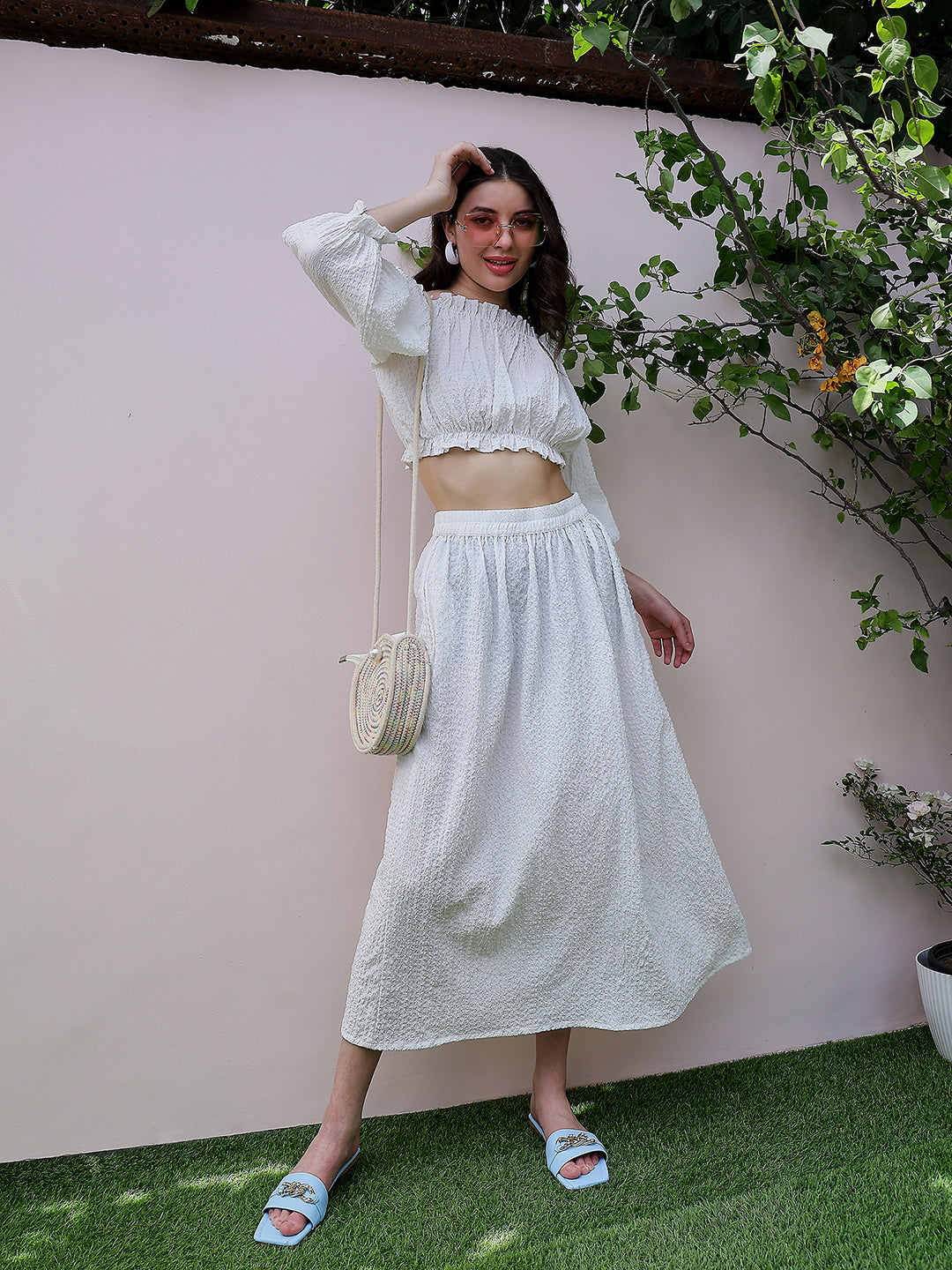 Athena White Self Design Off-Shoulder Puff Sleeves Crop Top With Skirt