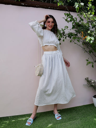 Athena White Self Design Off-Shoulder Puff Sleeves Bardot Crop Top