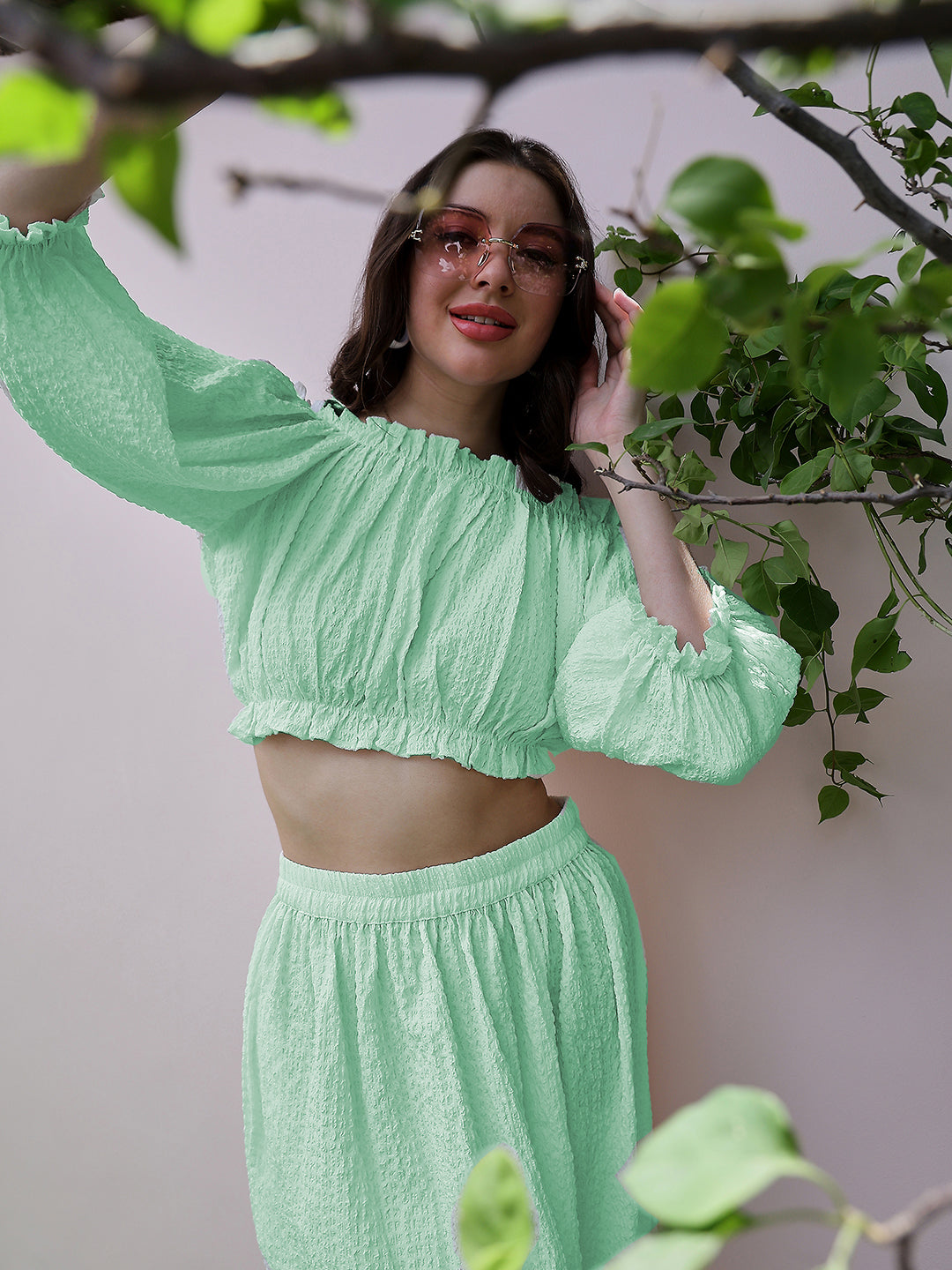 Athena Green Self Design Off-Shoulder Puff Sleeves Bardot Crop Top