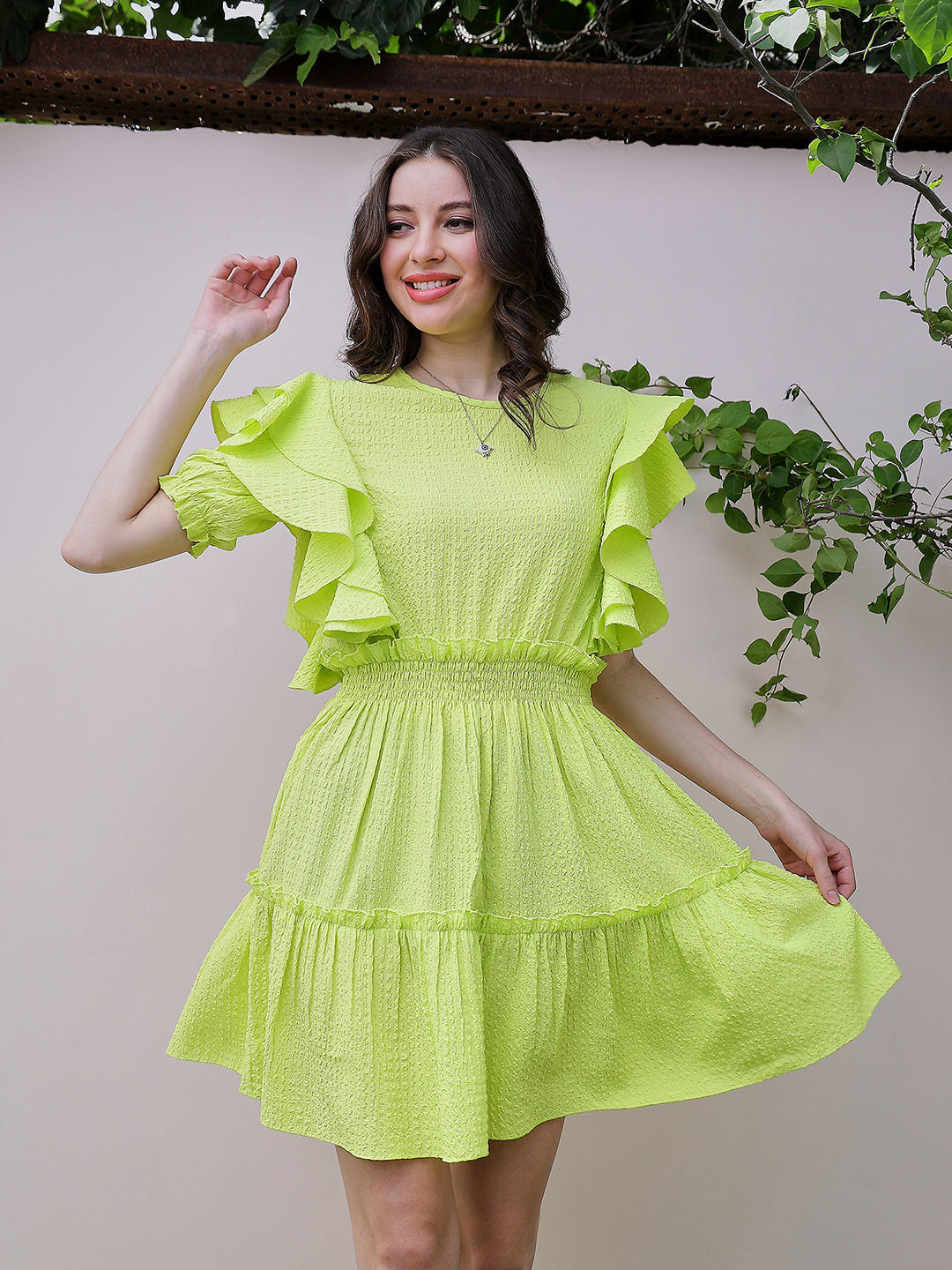 Athena Green Self Design Round Neck Puff Sleeve Ruffled Seersucker Fit & Flare Dress