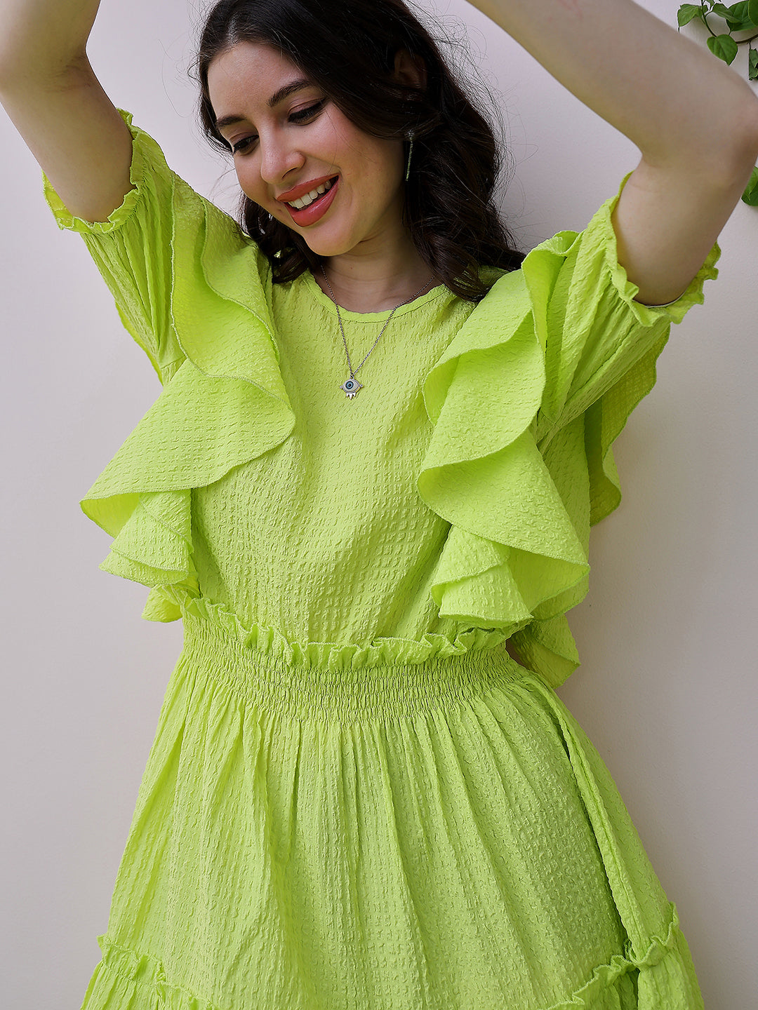 Athena Green Self Design Round Neck Puff Sleeve Ruffled Seersucker Fit & Flare Dress