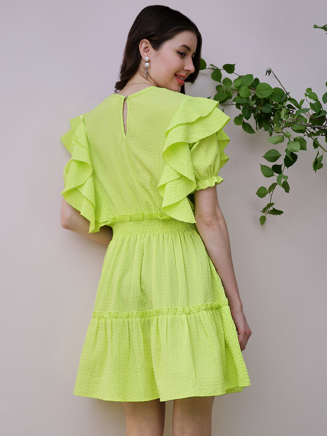 Athena Green Self Design Round Neck Puff Sleeve Ruffled Seersucker Fit & Flare Dress