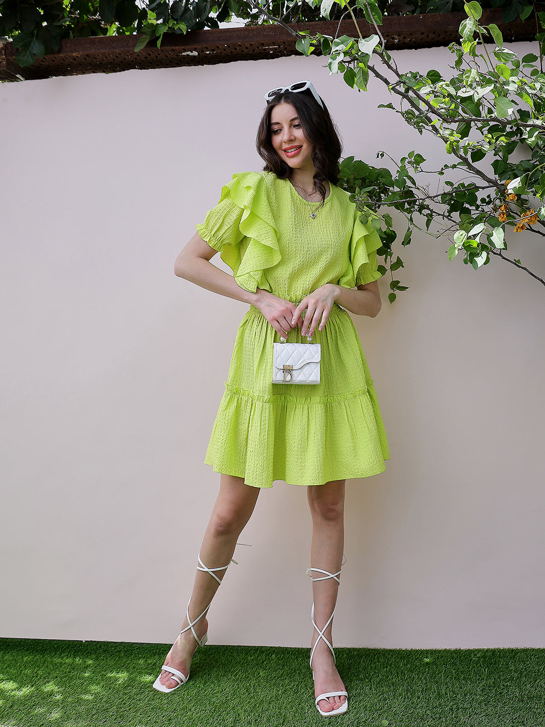 Athena Green Self Design Round Neck Puff Sleeve Ruffled Seersucker Fit & Flare Dress