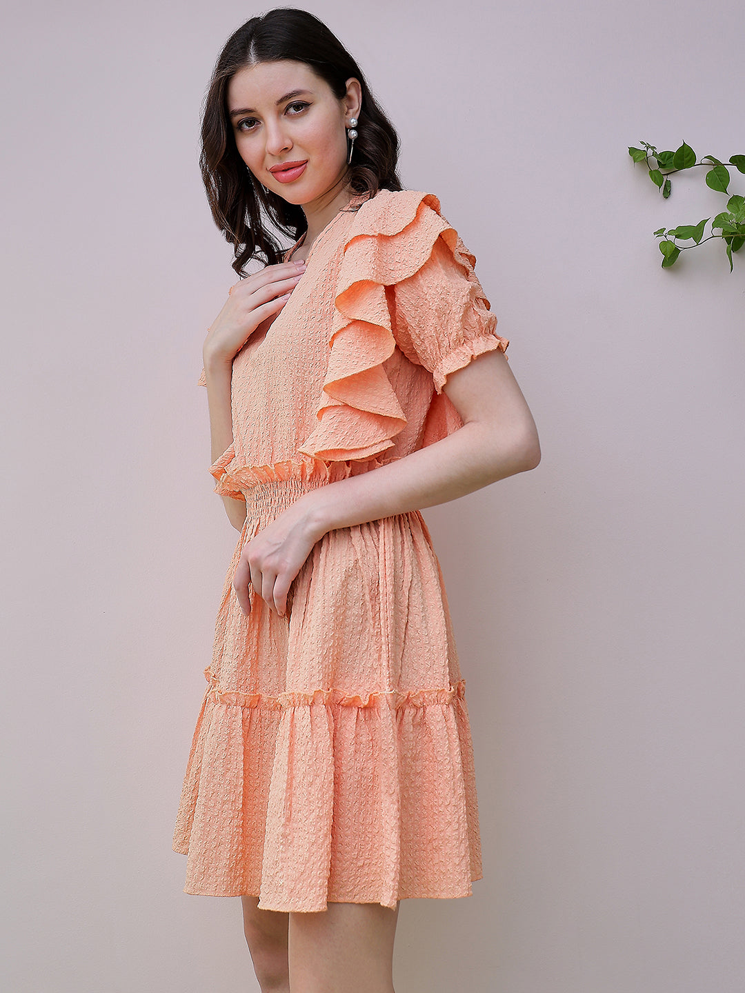 Athena Orange Self Design Round Neck Puff Sleeve Ruffled Seersucker Fit & Flare Dress