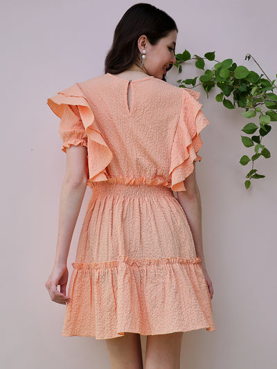 Athena Orange Self Design Round Neck Puff Sleeve Ruffled Seersucker Fit & Flare Dress