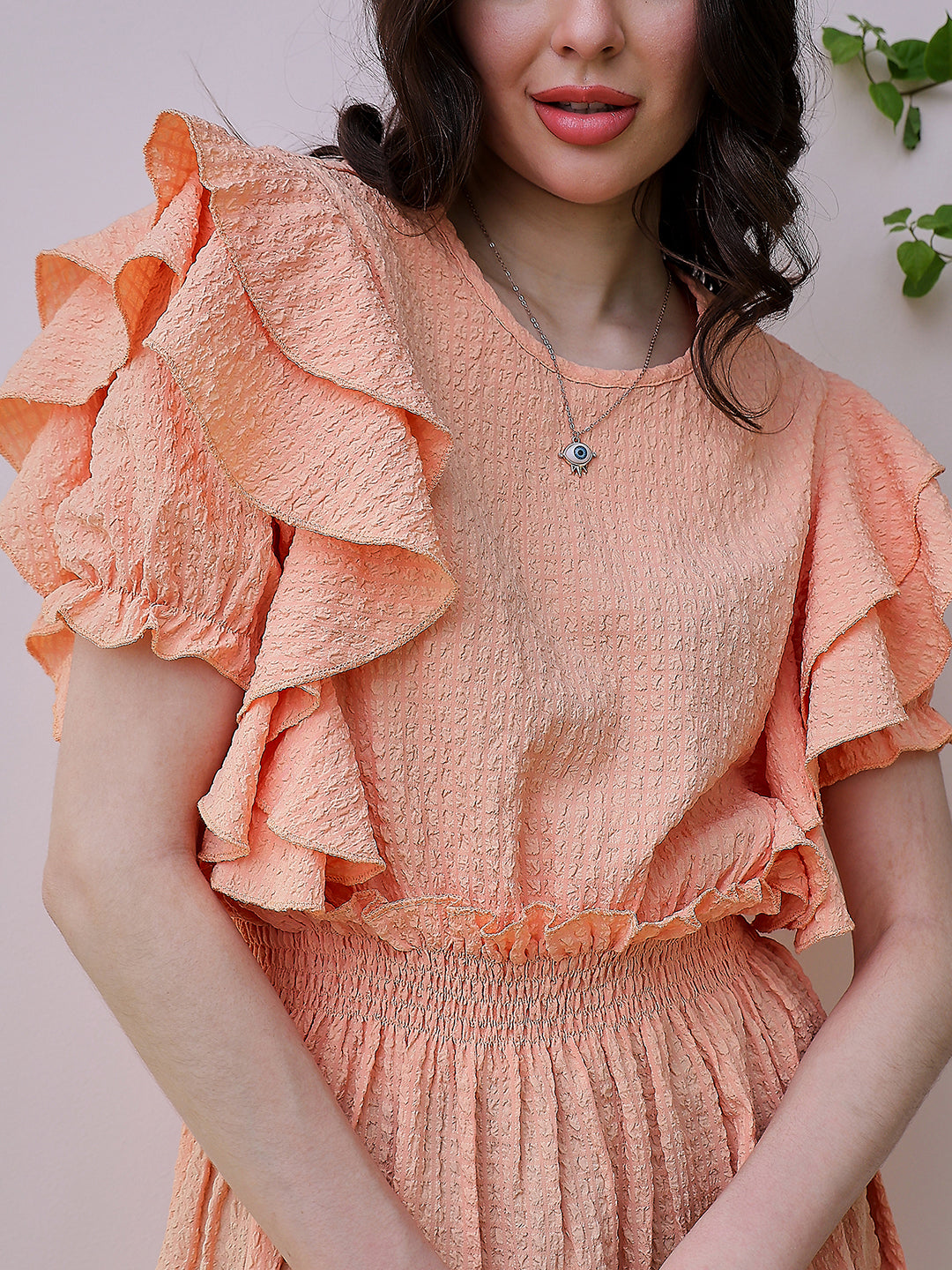 Athena Orange Self Design Round Neck Puff Sleeve Ruffled Seersucker Fit & Flare Dress