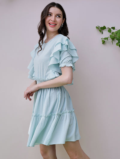 Athena Green Self Design Round Neck Puff Sleeve Ruffled Seersucker Fit & Flare Dress