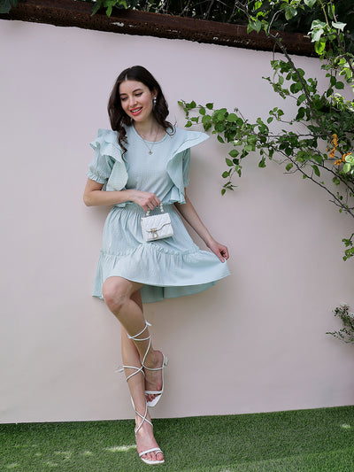 Athena Green Self Design Round Neck Puff Sleeve Ruffled Seersucker Fit & Flare Dress