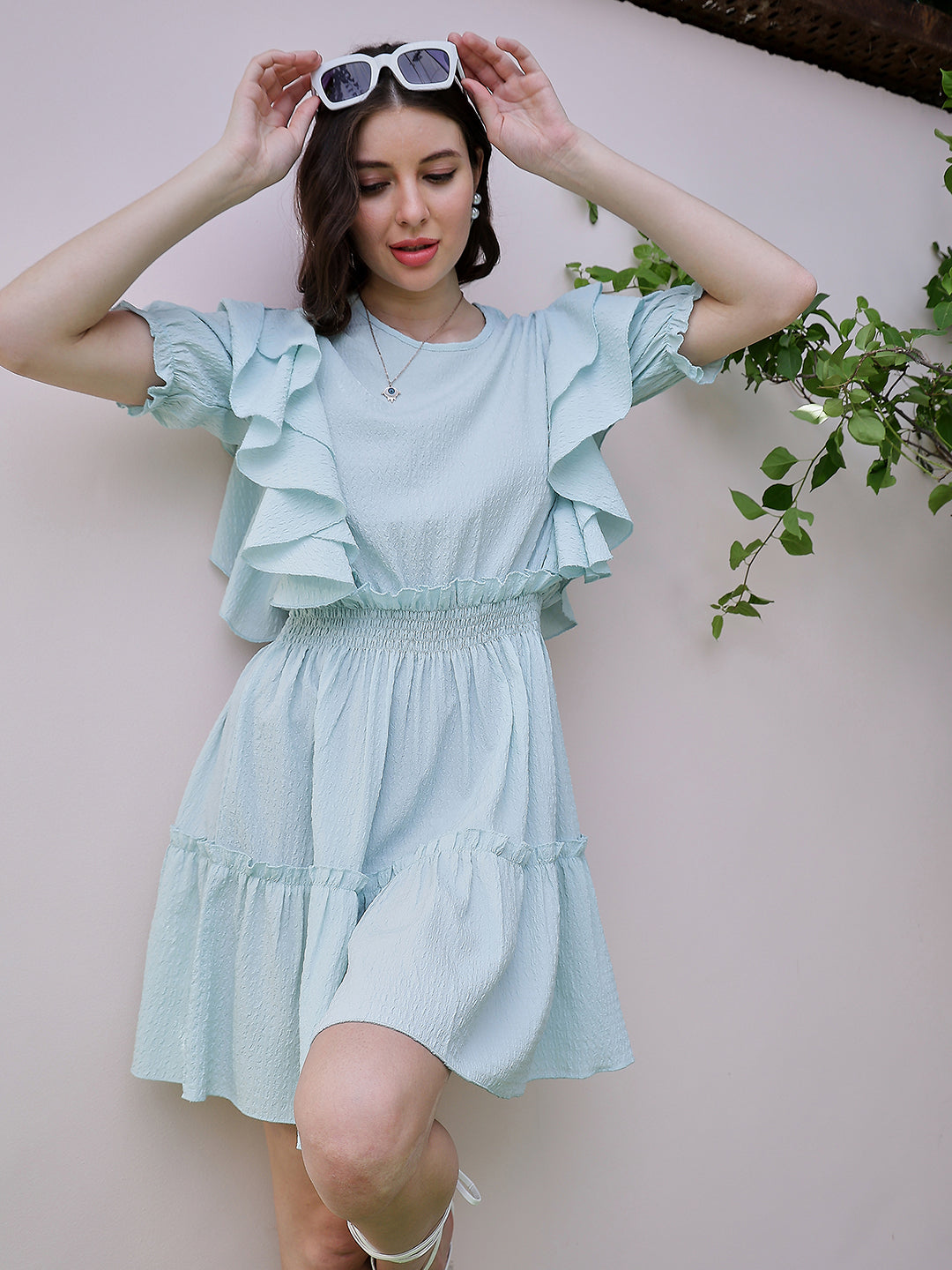 Athena Green Self Design Round Neck Puff Sleeve Ruffled Seersucker Fit & Flare Dress