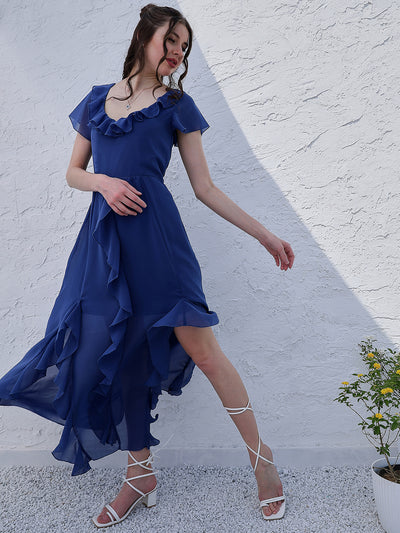 Athena Blue V-Neck Flared Sleeve Ruffled Georgette Maxi Dress