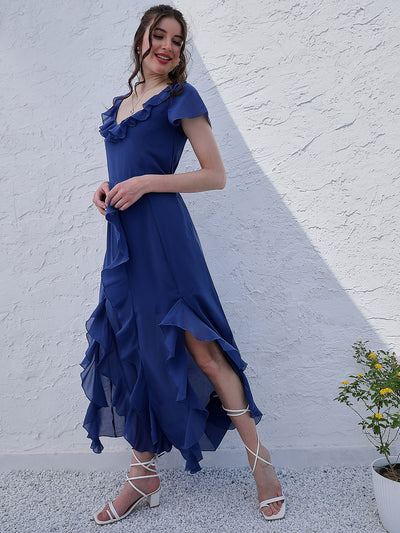 Athena Blue V-Neck Flared Sleeve Ruffled Georgette Maxi Dress