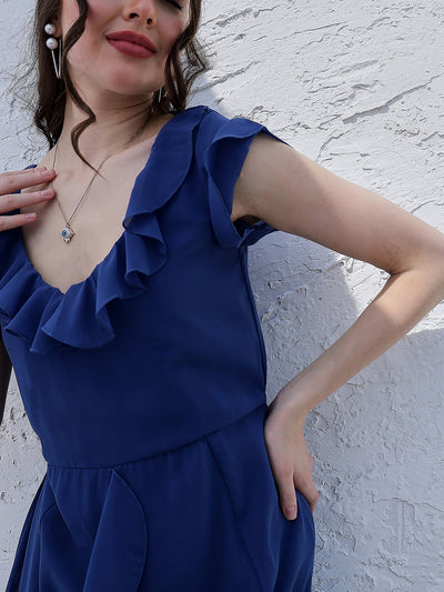 Athena Blue V-Neck Flared Sleeve Ruffled Georgette Maxi Dress