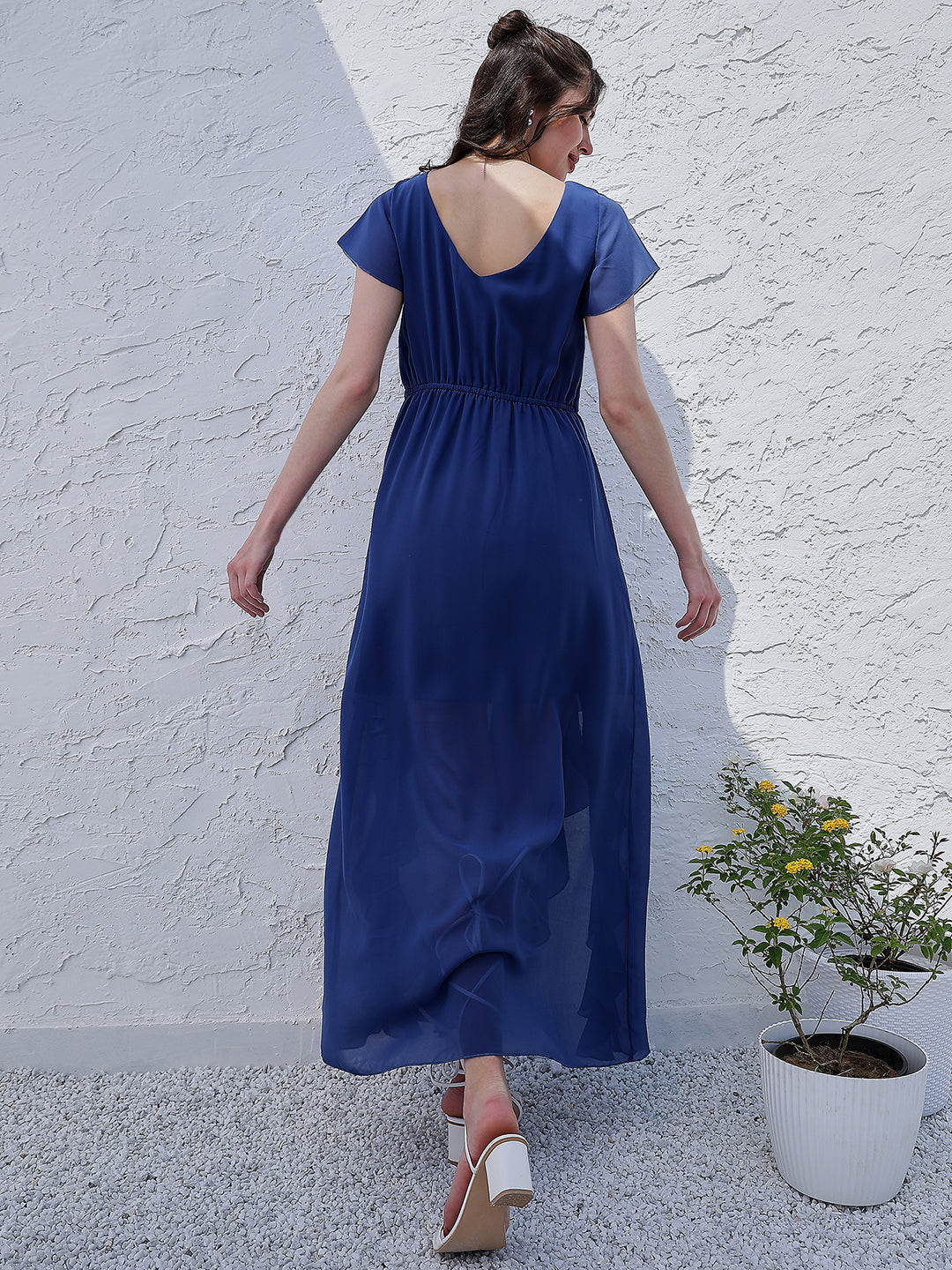 Athena Blue V-Neck Flared Sleeve Ruffled Georgette Maxi Dress