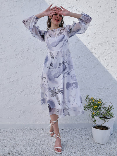 Athena White Abstract Print Puff Sleeve Ruffled Chiffon A-Line Midi Dress