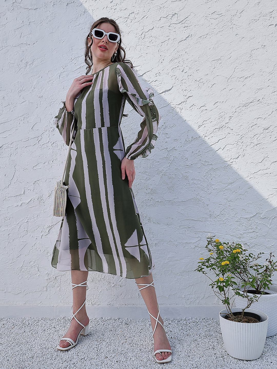 Athena Green Striped Puff Sleeve Ruffled Georgette A-Line Midi Dress