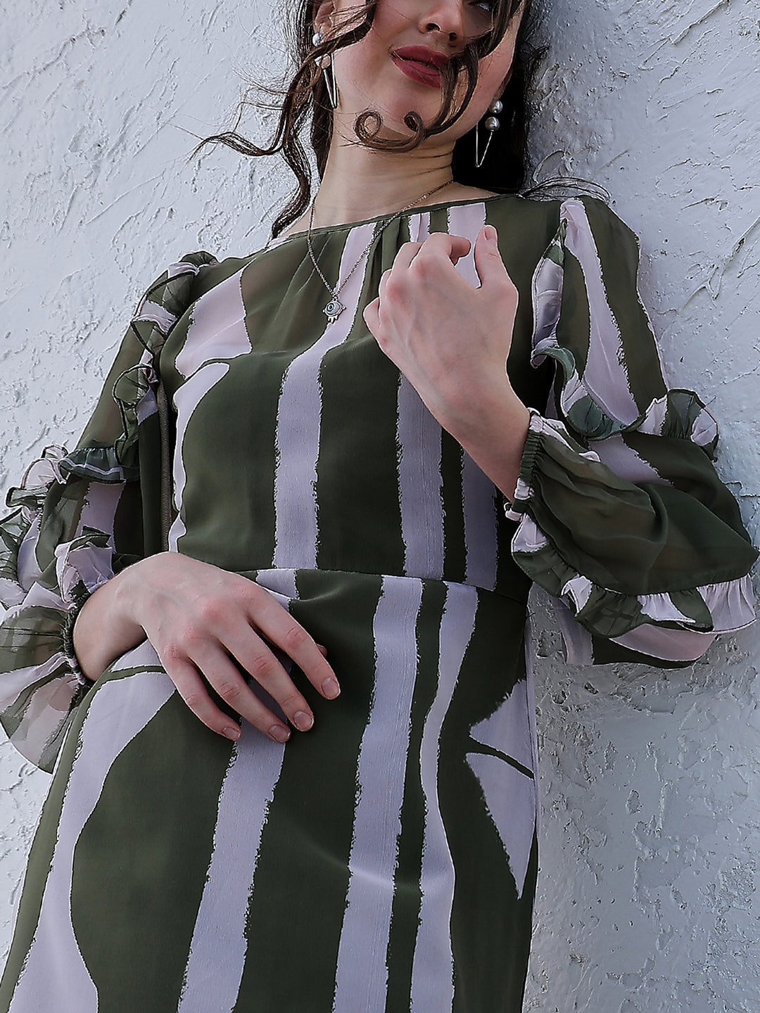 Athena Green Striped Puff Sleeve Ruffled Georgette A-Line Midi Dress