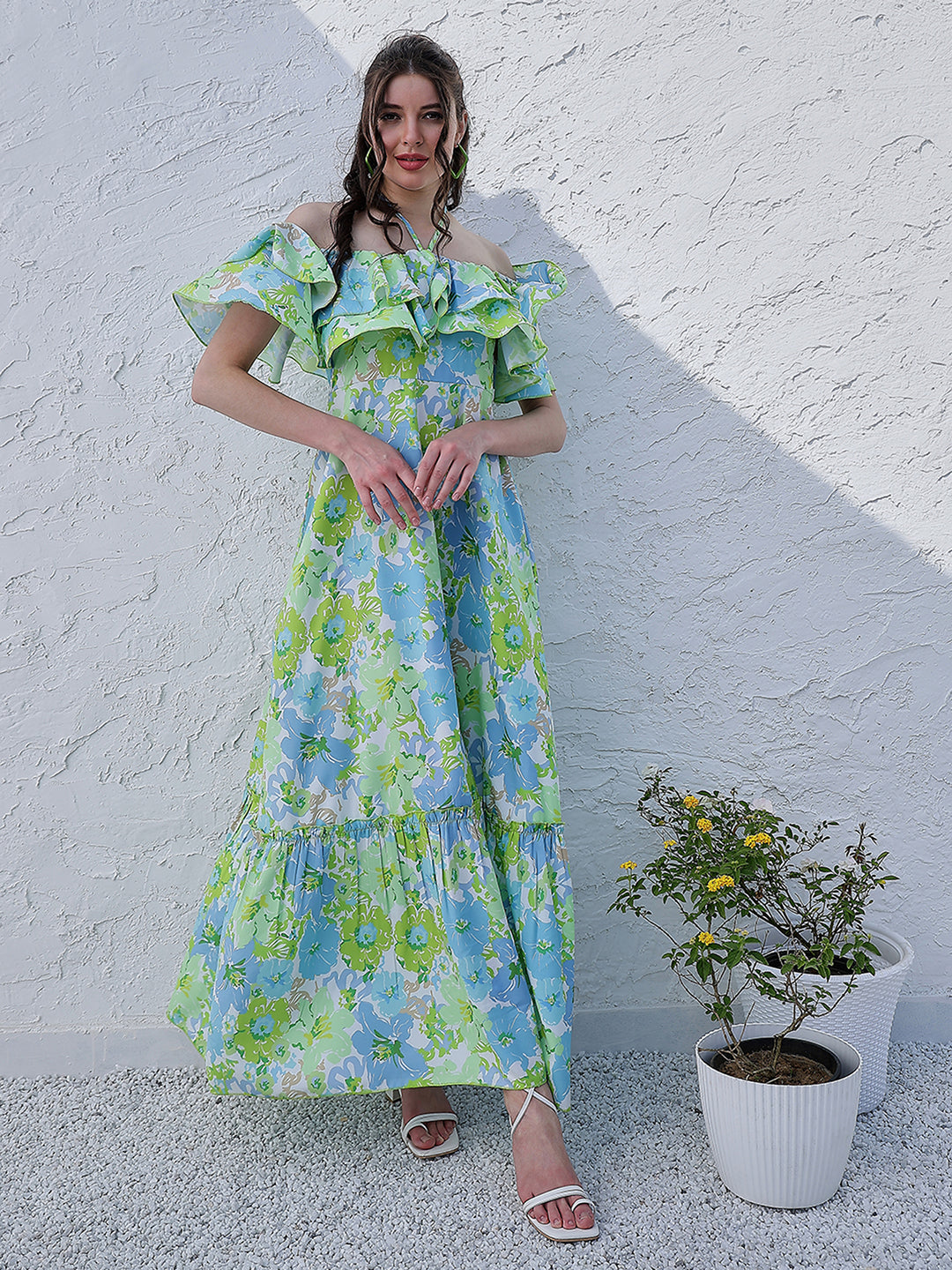 Athena Green Floral Printed Halter Neck Tiered Gathered Crepe Maxi Midi Dress