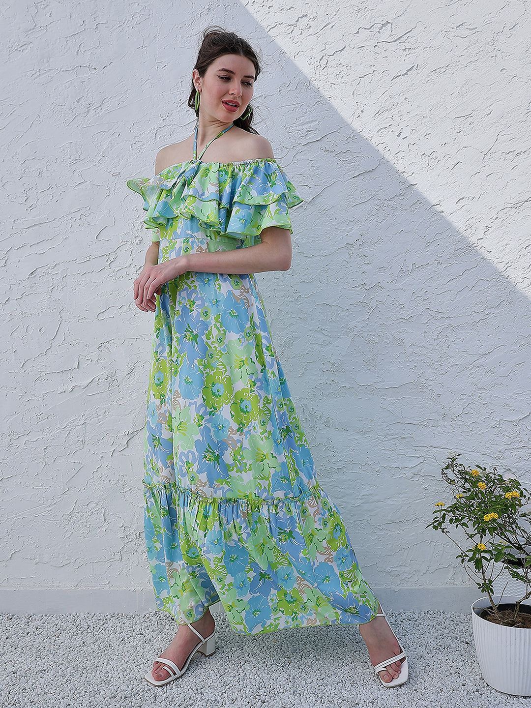 Athena Green Floral Printed Halter Neck Tiered Gathered Crepe Maxi Midi Dress