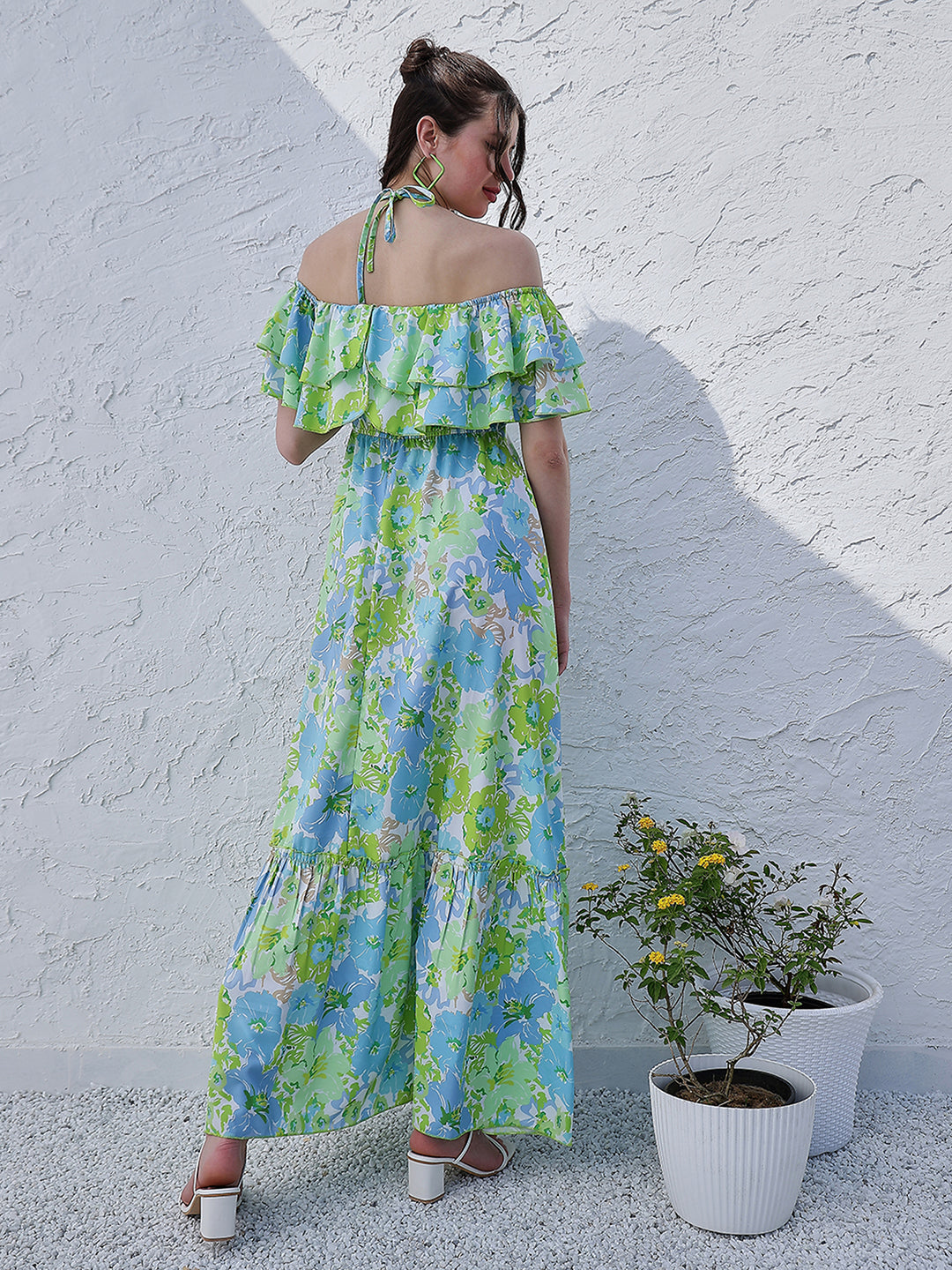 Athena Green Floral Printed Halter Neck Tiered Gathered Crepe Maxi Midi Dress