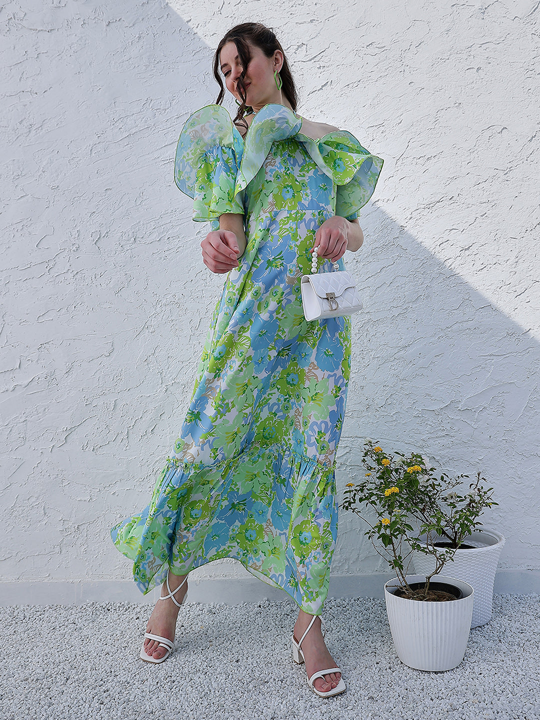 Athena Green Floral Printed Halter Neck Tiered Gathered Crepe Maxi Midi Dress