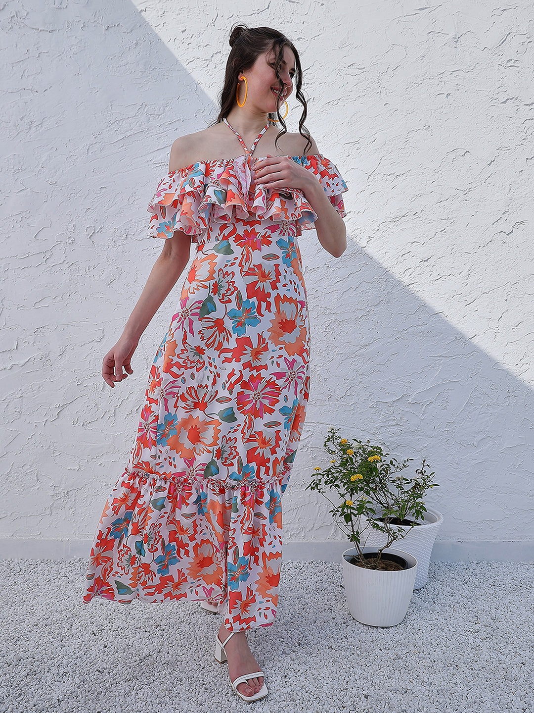 Athena Orange Floral Printed Halter Neck Tiered Gathered Crepe Maxi Midi Dress