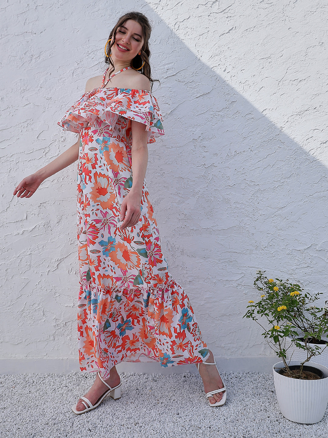 Athena Orange Floral Printed Halter Neck Tiered Gathered Crepe Maxi Midi Dress