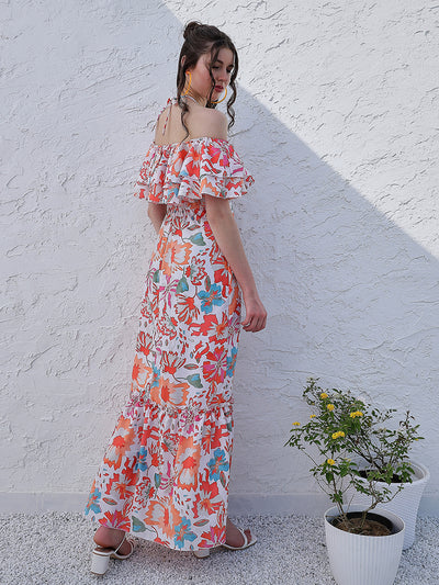 Athena Orange Floral Printed Halter Neck Tiered Gathered Crepe Maxi Midi Dress