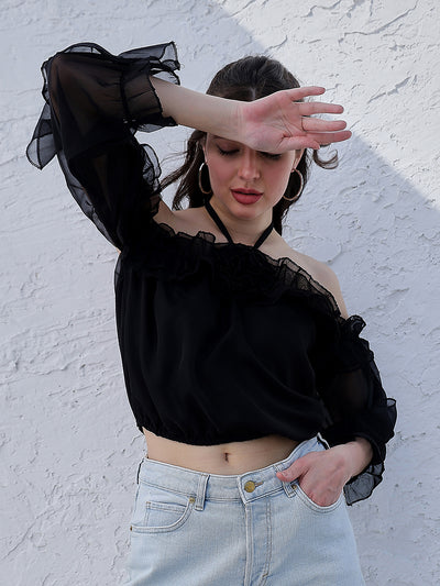 Athena Black Off-Shoulder Puff Sleeves Ruffles Detailed Organza Bardot Crop Top