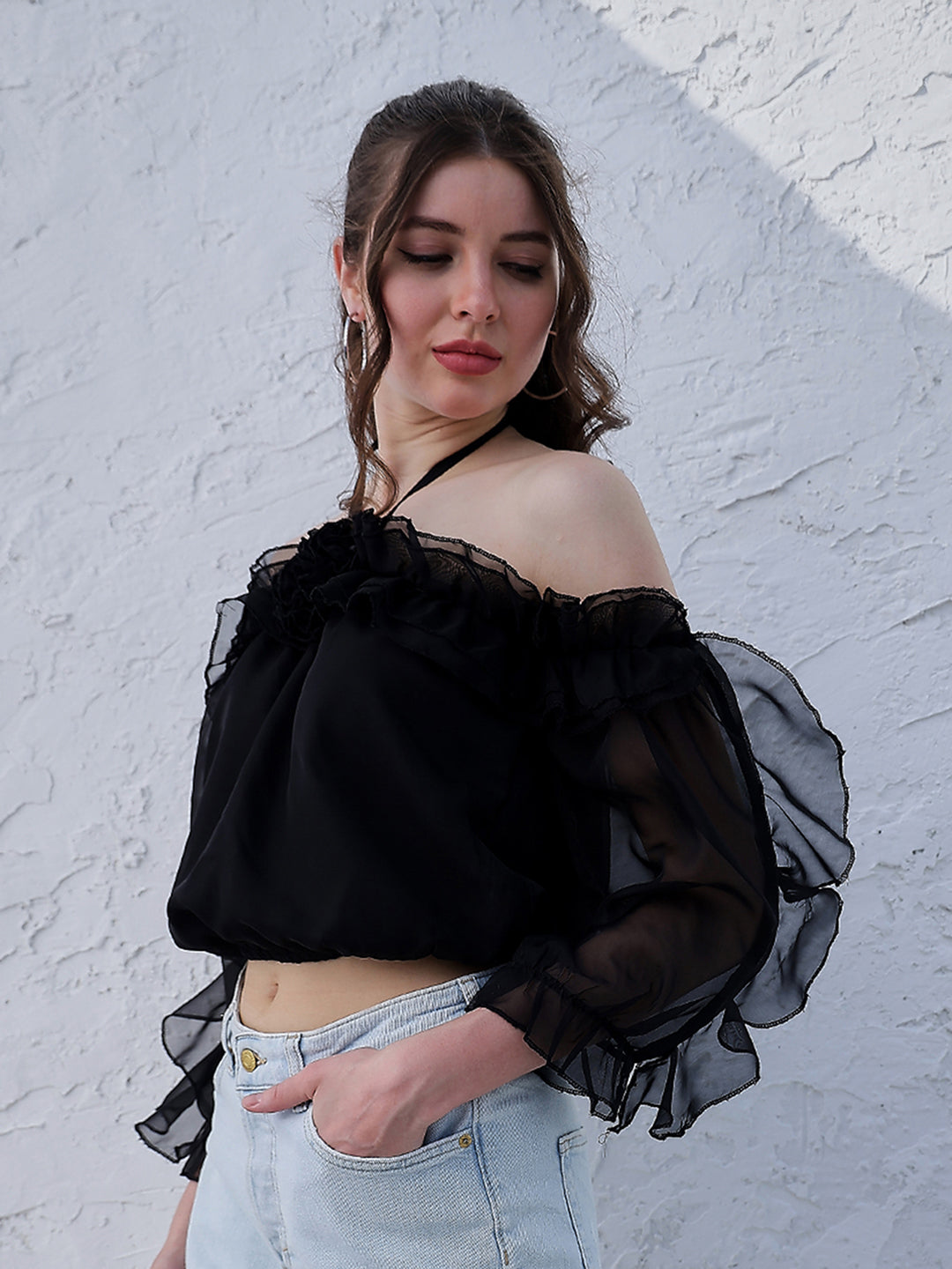 Athena Black Off-Shoulder Puff Sleeves Ruffles Detailed Organza Bardot Crop Top