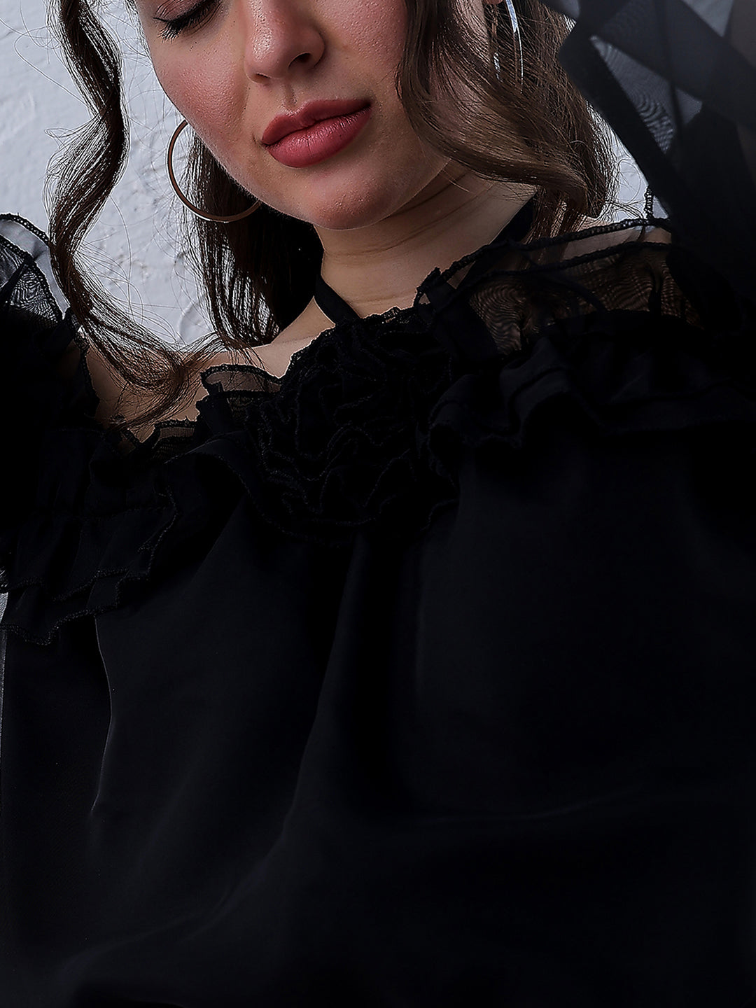 Athena Black Off-Shoulder Puff Sleeves Ruffles Detailed Organza Bardot Crop Top