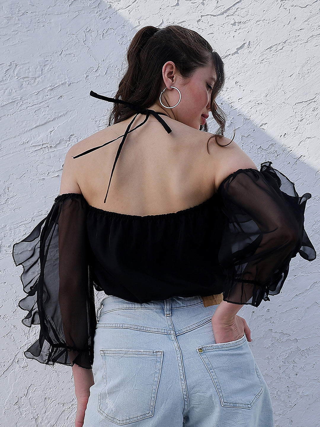 Athena Black Off-Shoulder Puff Sleeves Ruffles Detailed Organza Bardot Crop Top