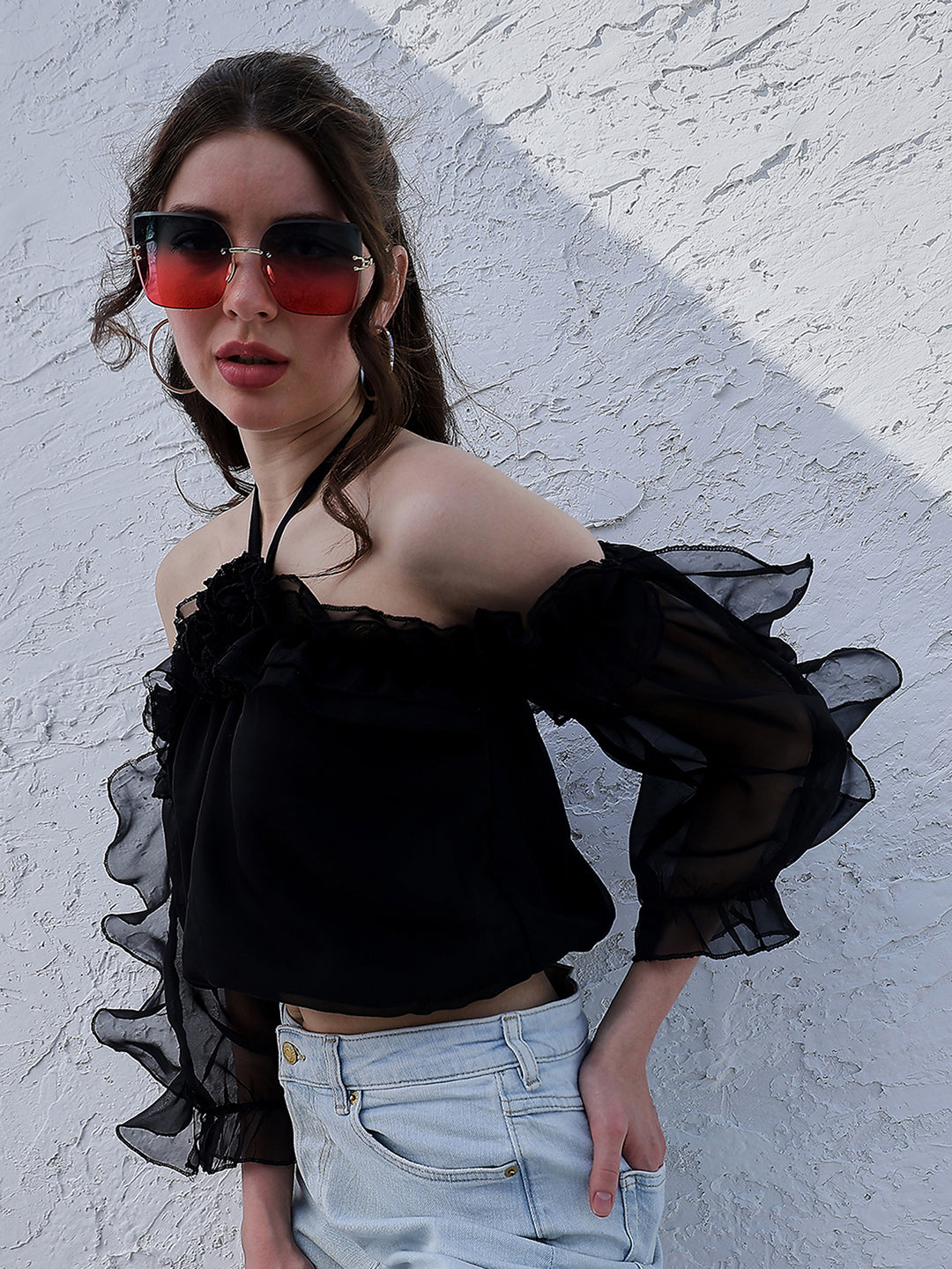 Athena Black Off-Shoulder Puff Sleeves Ruffles Detailed Organza Bardot Crop Top