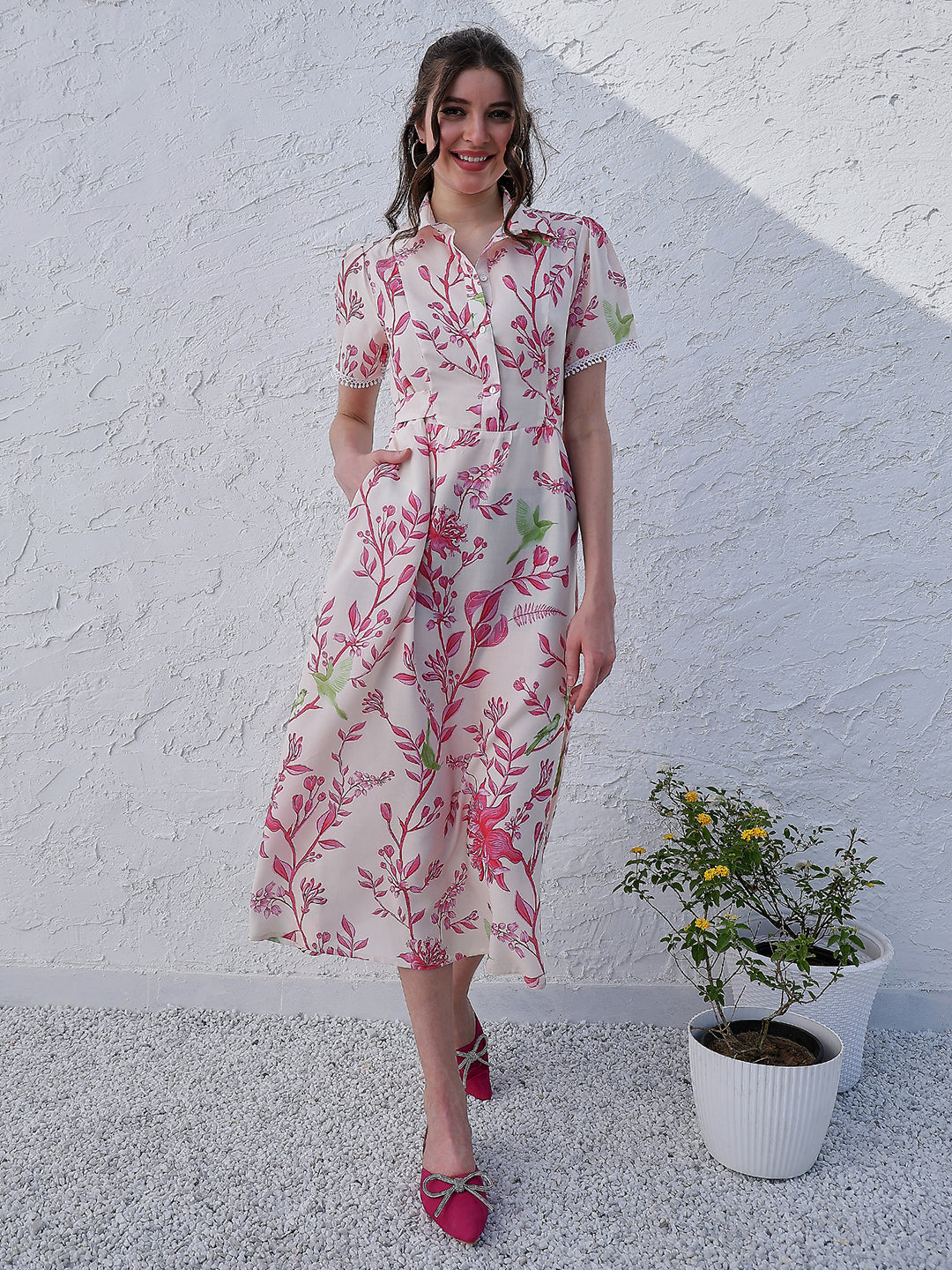 Boho By Athena Floral Print Shirt Midi Casual Dress