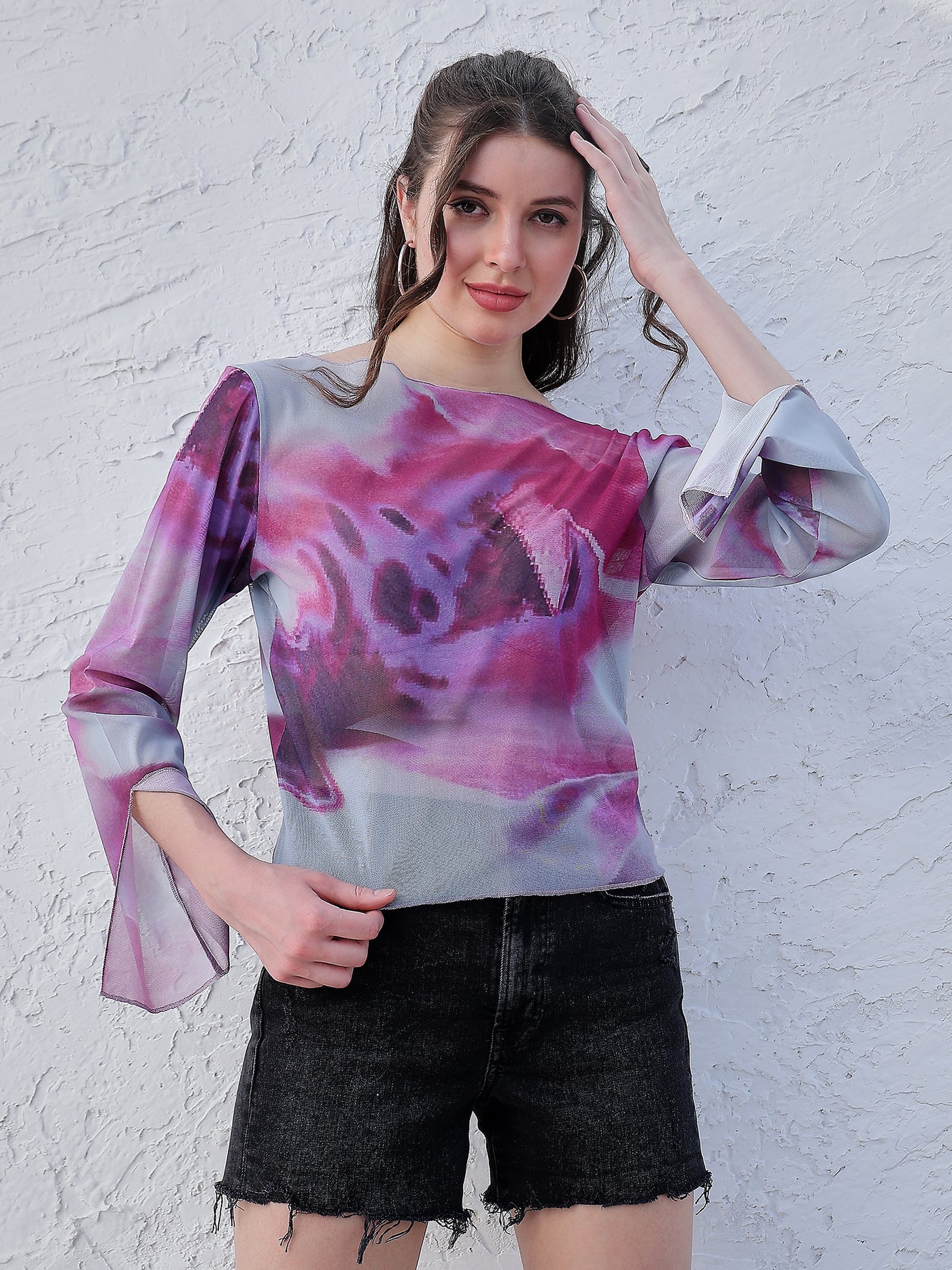 Athena Tie and Dye Boat Neck Bell Sleeve Semi Sheer Top