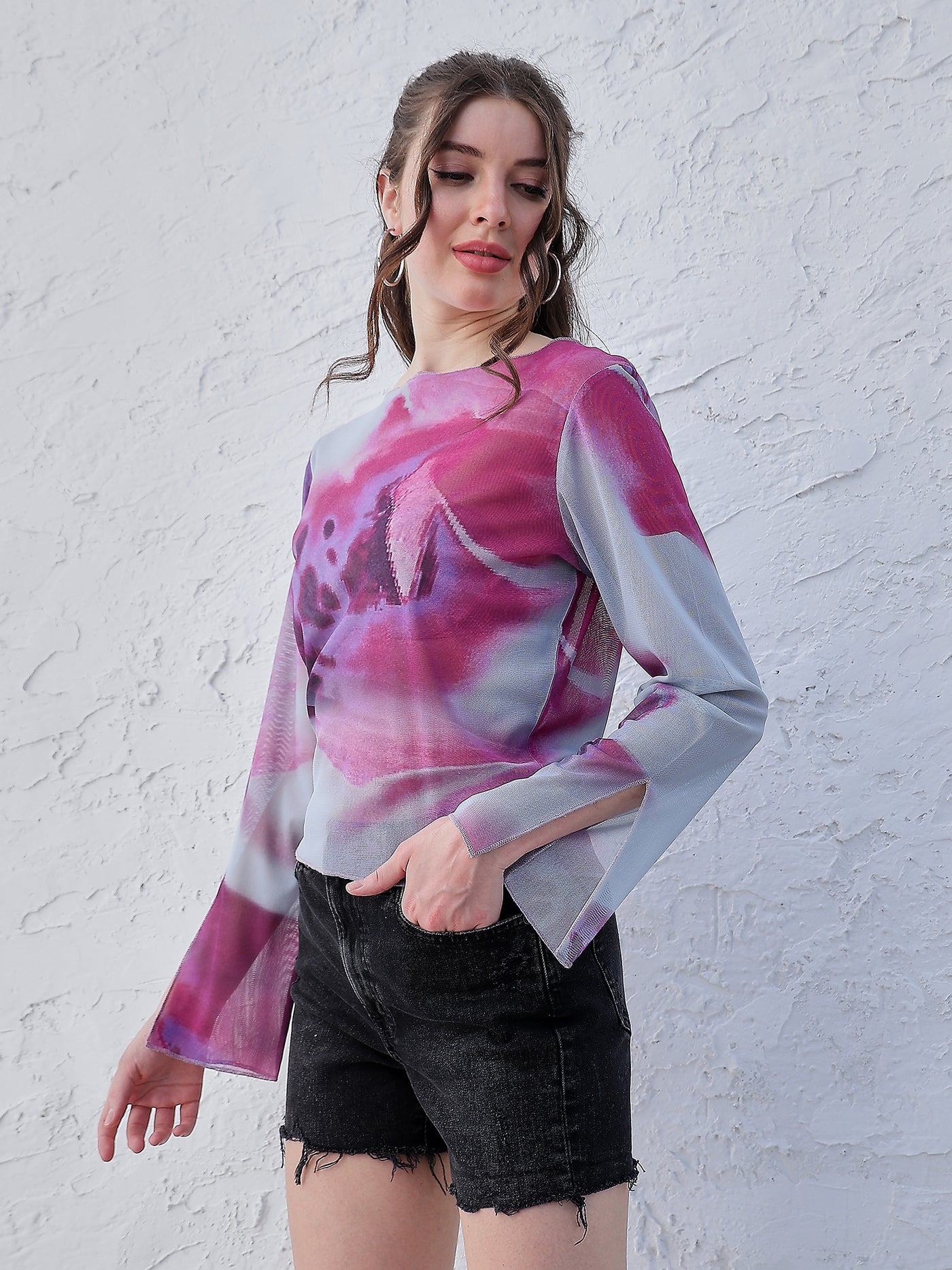 Athena Tie and Dye Boat Neck Bell Sleeve Semi Sheer Top