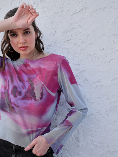 Athena Tie and Dye Boat Neck Bell Sleeve Semi Sheer Top