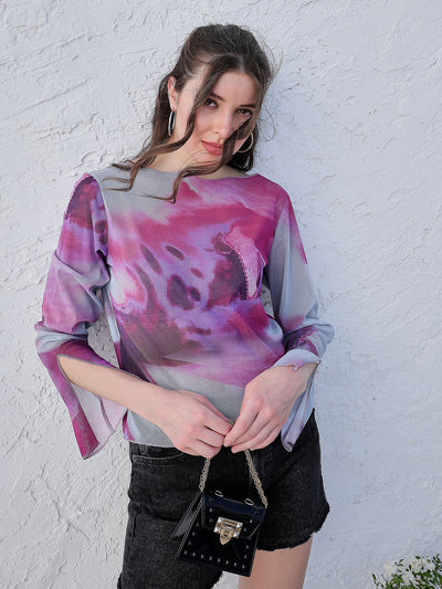 Athena Tie and Dye Boat Neck Bell Sleeve Semi Sheer Top