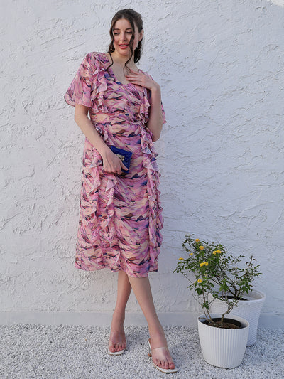 Athena Lavender Abstract Printed V-Neck Flared Sleeve Ruffled Georgette A-Line Midi Dress