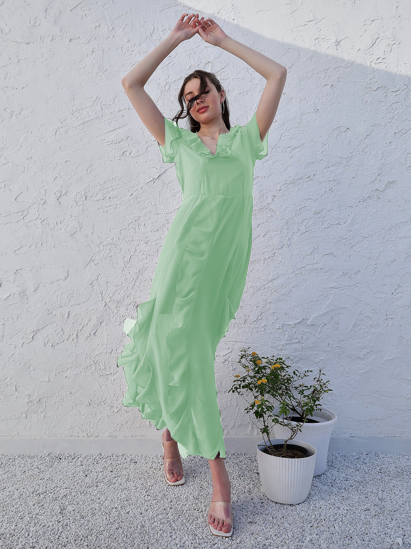 Athena Green V-Neck Flared Sleeve Ruffled Georgette Maxi Dress