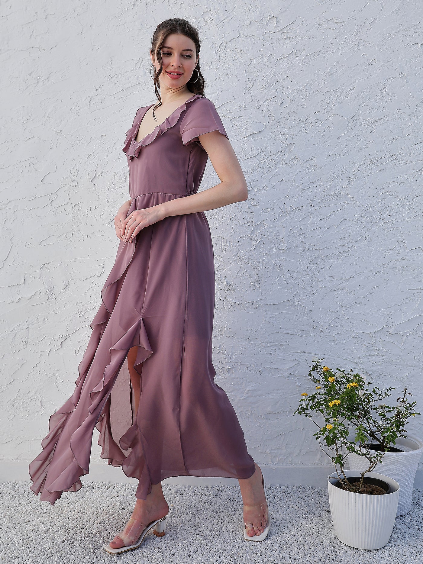 Athena Mauve V-Neck Flared Sleeve Ruffled Georgette Maxi Dress