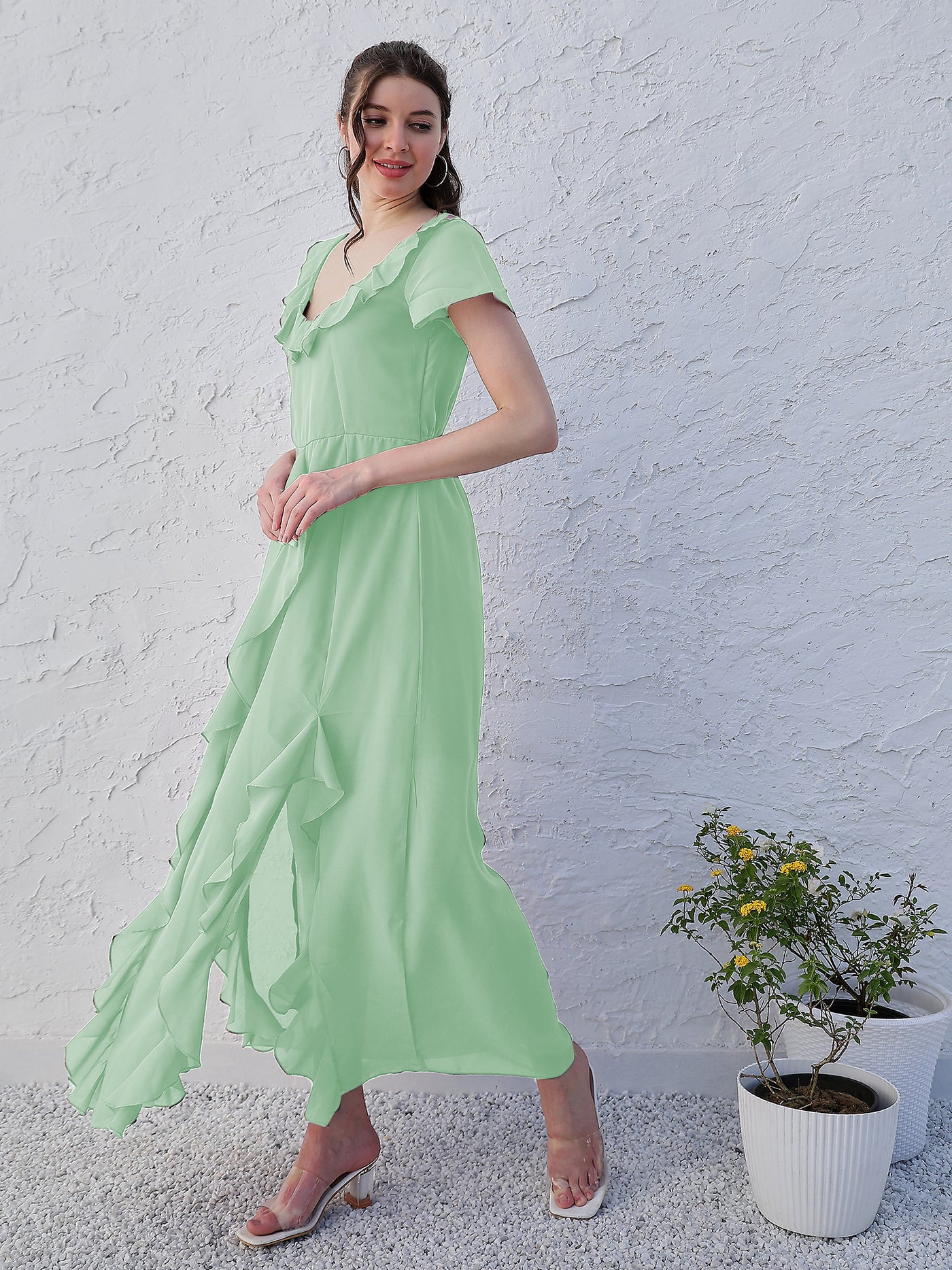 Athena Green V-Neck Flared Sleeve Ruffled Georgette Maxi Dress