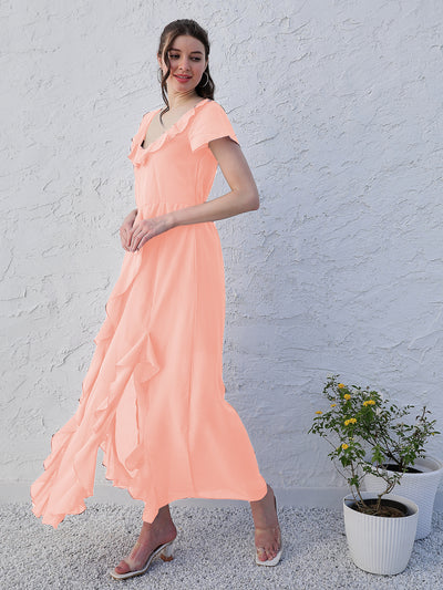 Athena Orange V-Neck Flared Sleeve Ruffled Georgette Maxi Dress