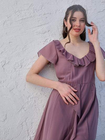 Athena Mauve V-Neck Flared Sleeve Ruffled Georgette Maxi Dress