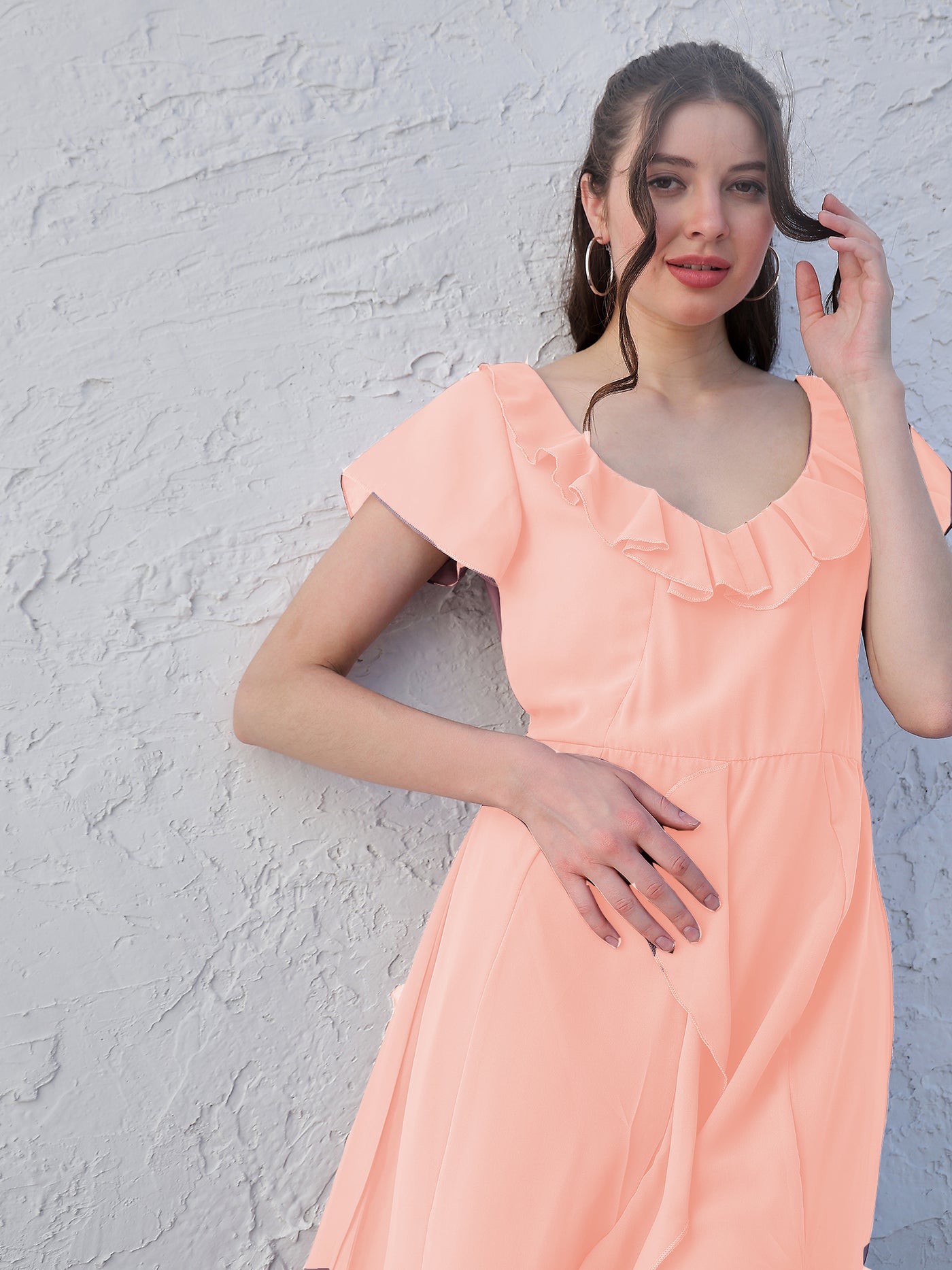 Athena Orange V-Neck Flared Sleeve Ruffled Georgette Maxi Dress