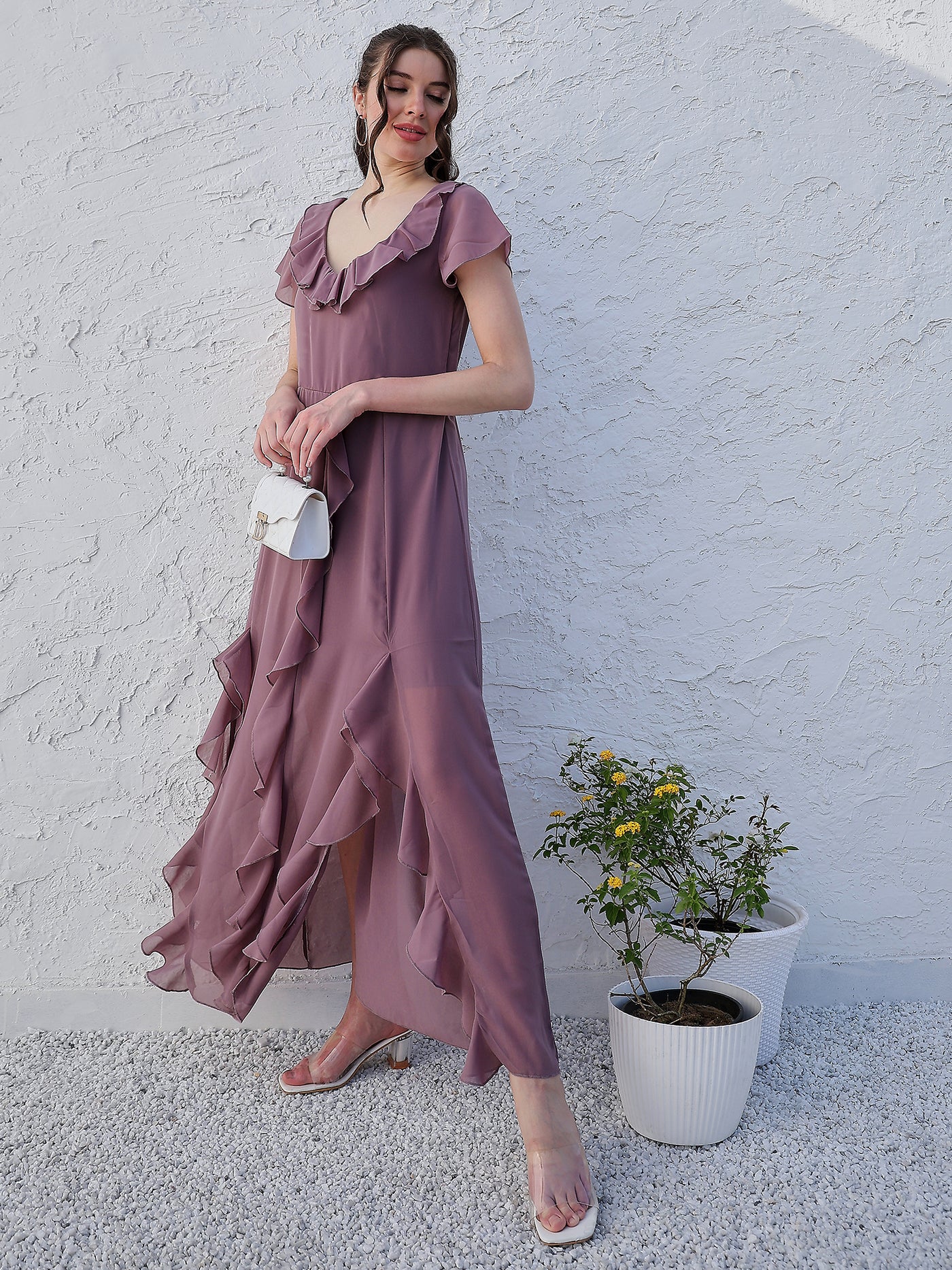 Athena Mauve V-Neck Flared Sleeve Ruffled Georgette Maxi Dress