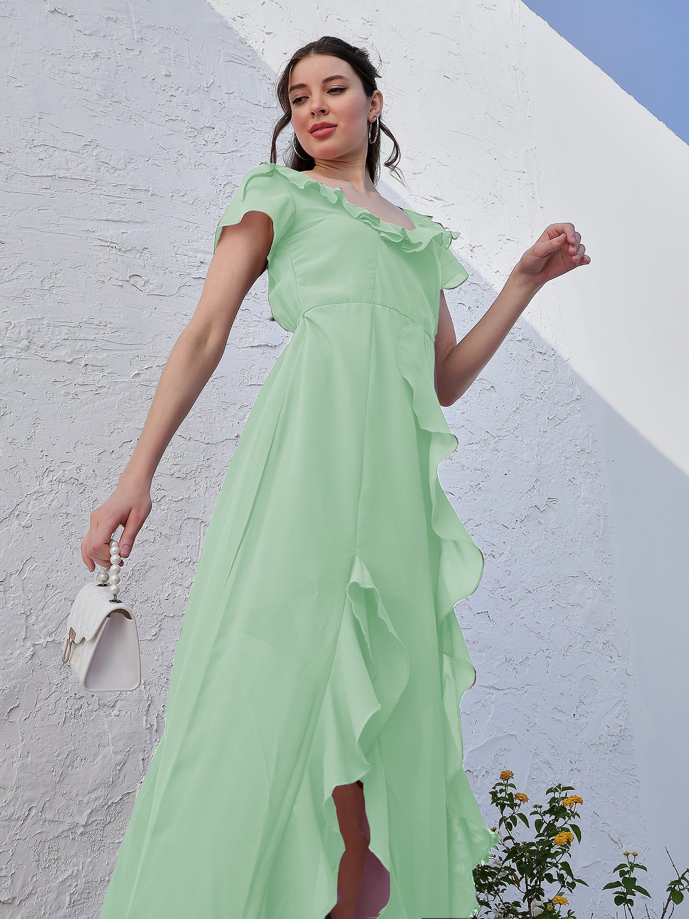 Athena Green V-Neck Flared Sleeve Ruffled Georgette Maxi Dress