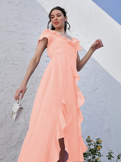 Athena Orange V-Neck Flared Sleeve Ruffled Georgette Maxi Dress