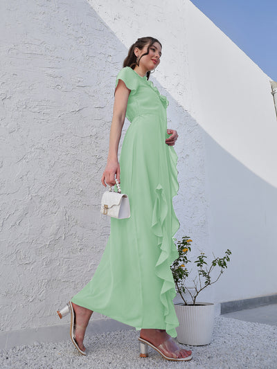 Athena Green V-Neck Flared Sleeve Ruffled Georgette Maxi Dress